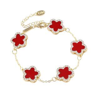 Five Leaf Clover Gold Chain Red Flower Bracelet 8.3"